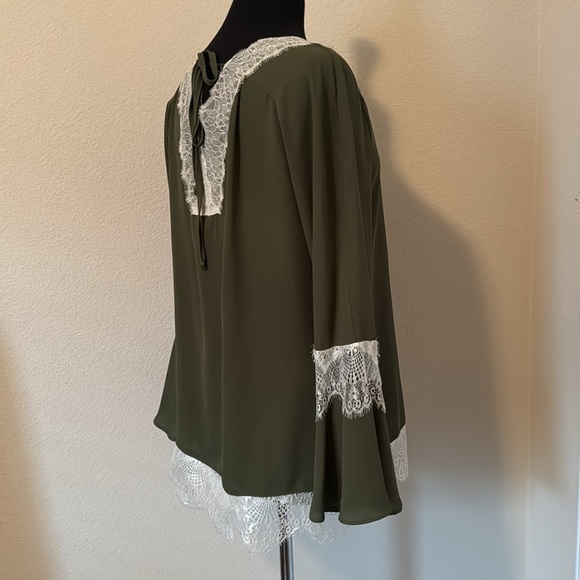 NY COLLECTION Lace Trim Blouse Olive Green Medium - Picture 6 of 14